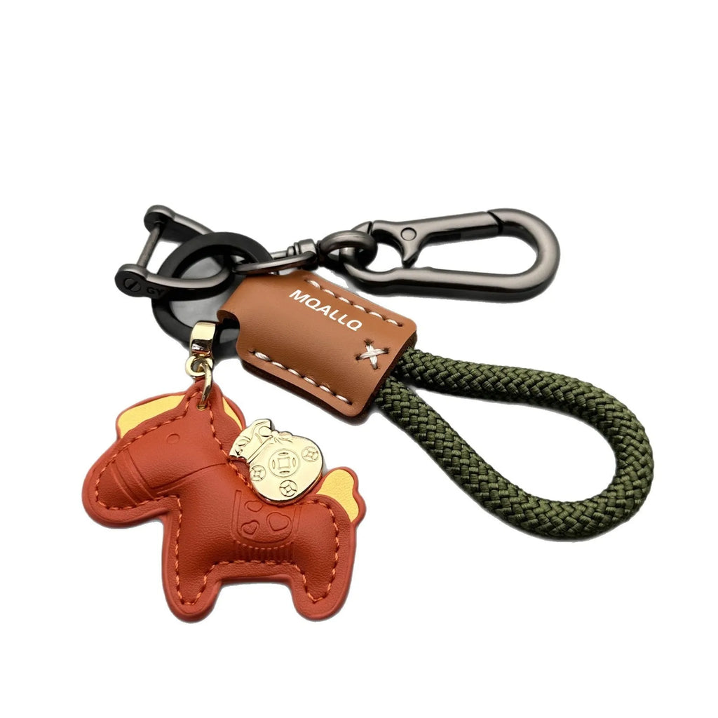 Handmade cowhide car key ring pendant with zinc alloy pony buckle and flanelle rope cord in multiple colour options