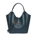 Genuine leather women's hand holding bucket bag in retro style with file compartment interior.