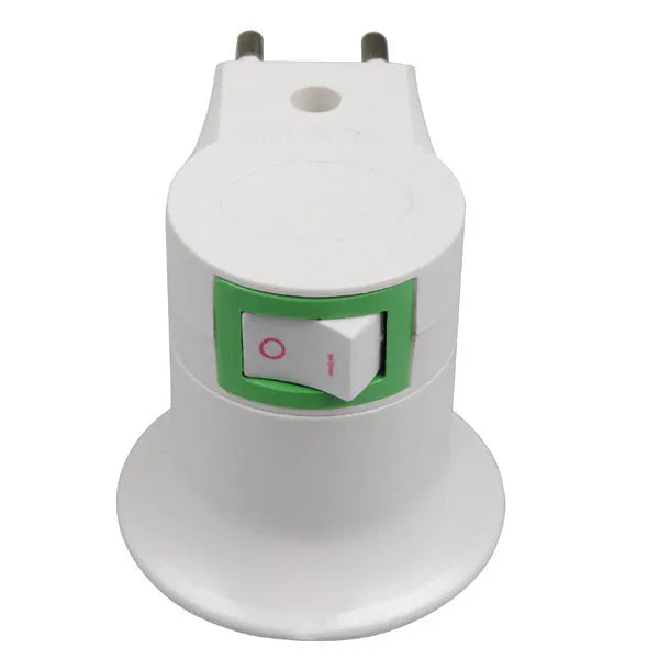 White Bakelite E27 wall plug-in lamp holder with a switch, showing UK three-pin plug.