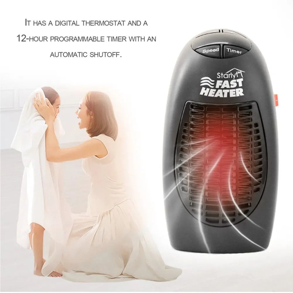 Small black portable ceramic electric heater with digital display on a white background
