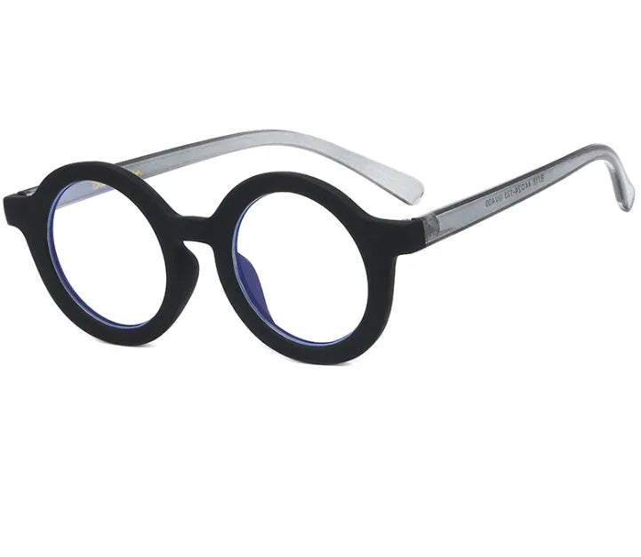 Retro round frame glasses with UV400 protection and blue light filtering in multiple colour options