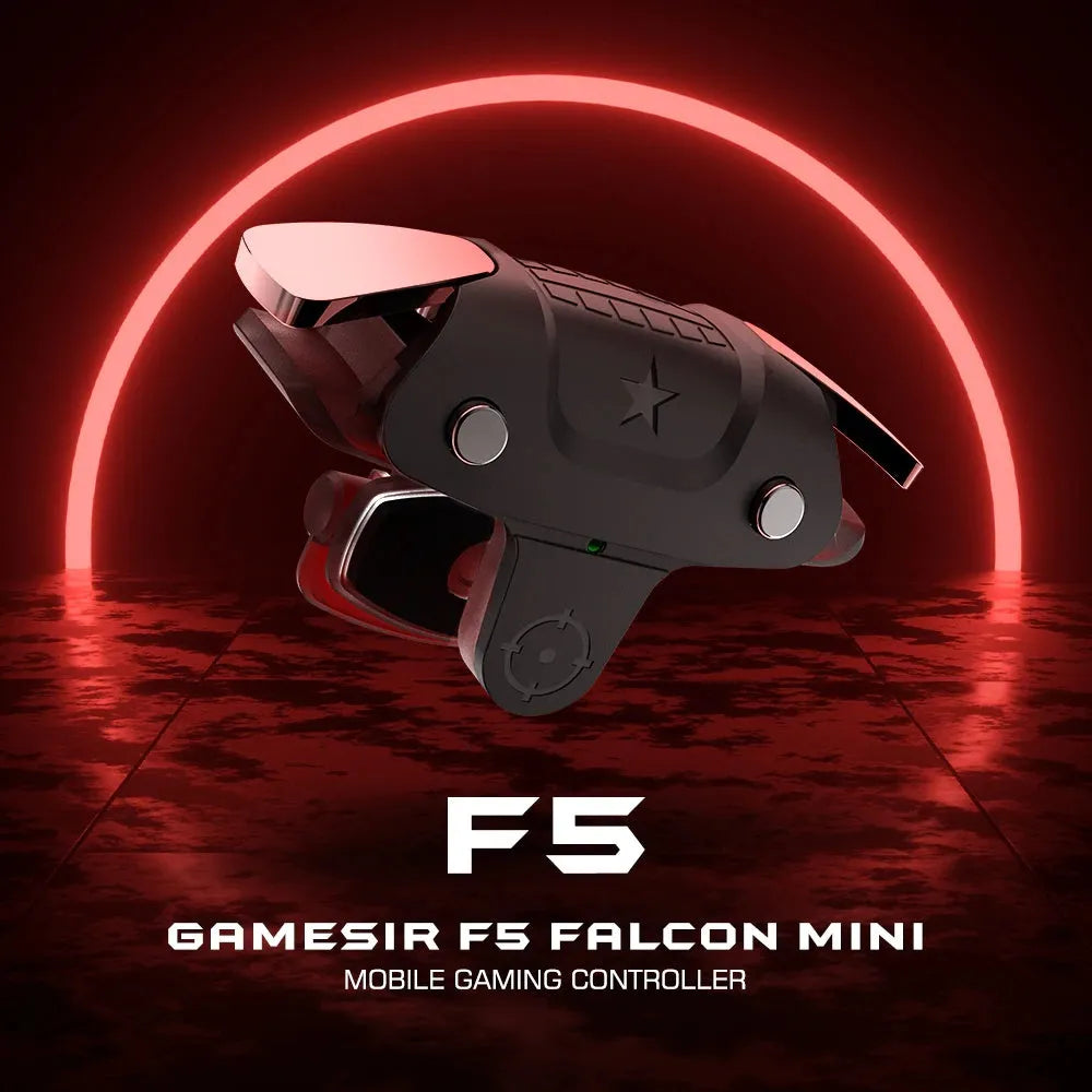 Black F5 mobile game controller showing compact dimensions for phone gaming