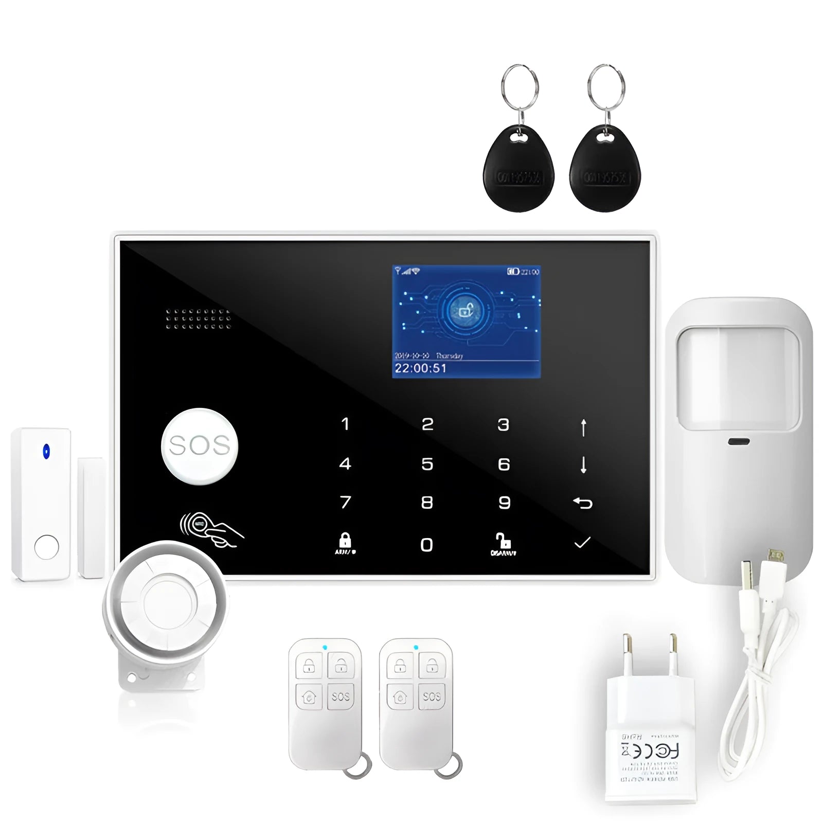 Intelligent WiFi GSM touch button burglar alarm host unit for home security system.
