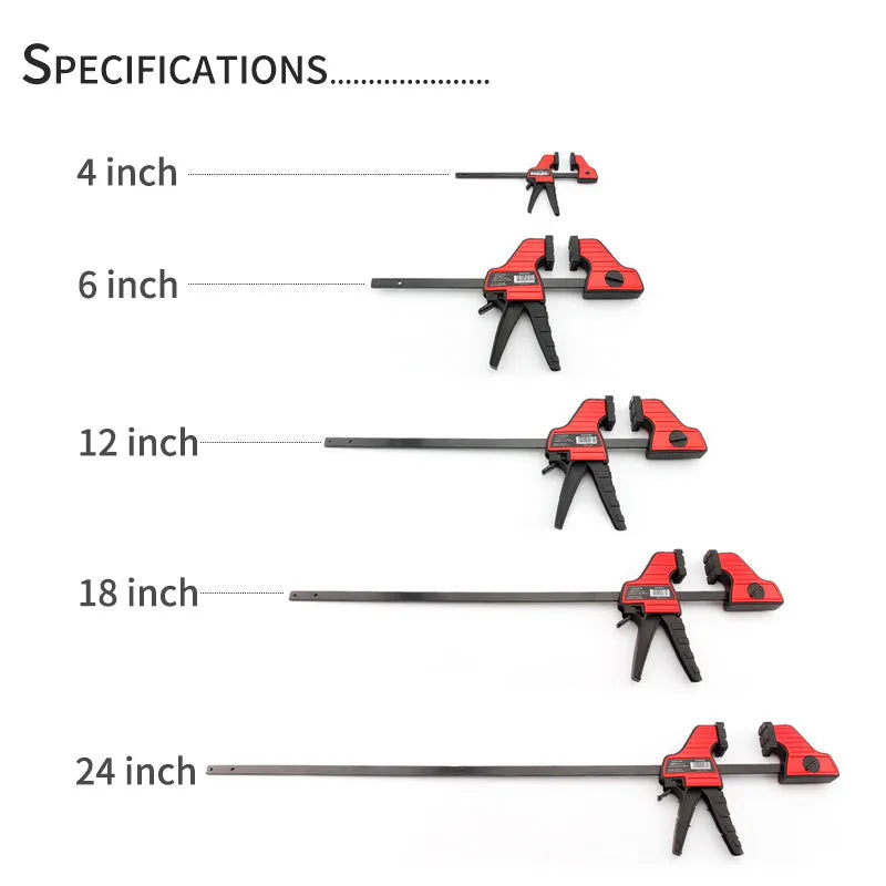 Black plastic woodworking clamp with quick-release lever and rubber grip pads in multiple sizes
