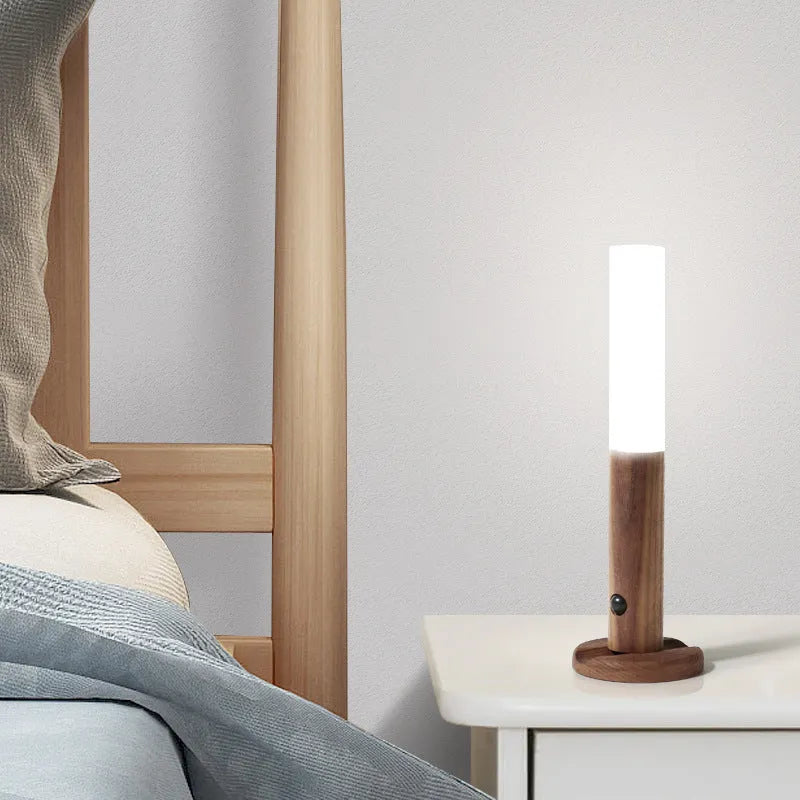 Solid wood smart sensor LED desk lamp showing coffee colour finish and compact dimensions