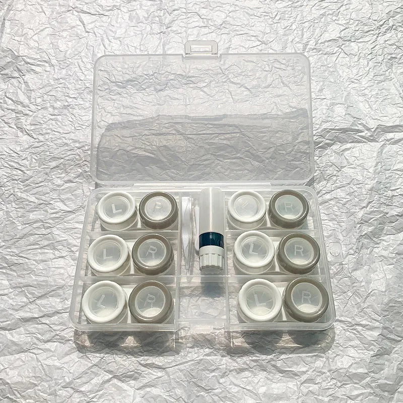 Rectangular contact lens case showing two compartments and colour options