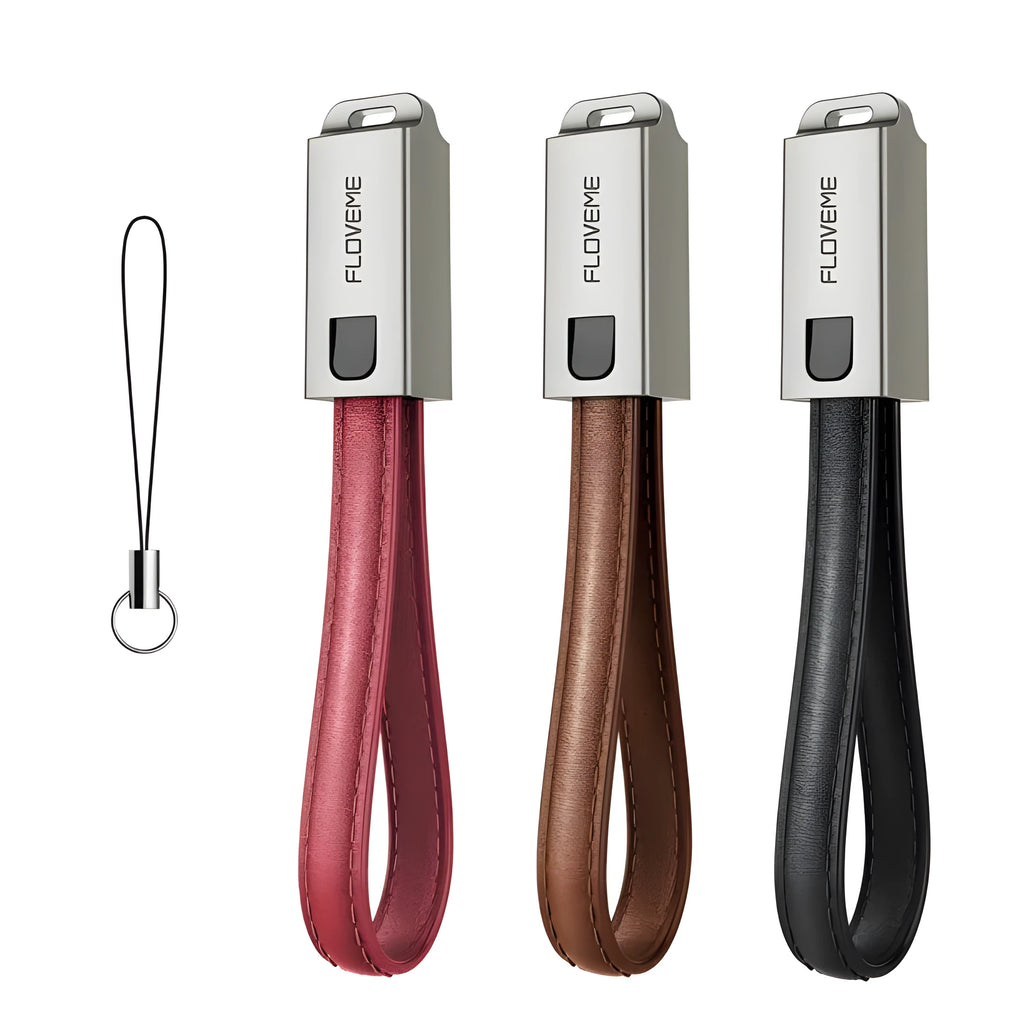 USB C to Apple Lightning leather braided charging cable in black brown red colours measuring 20cm