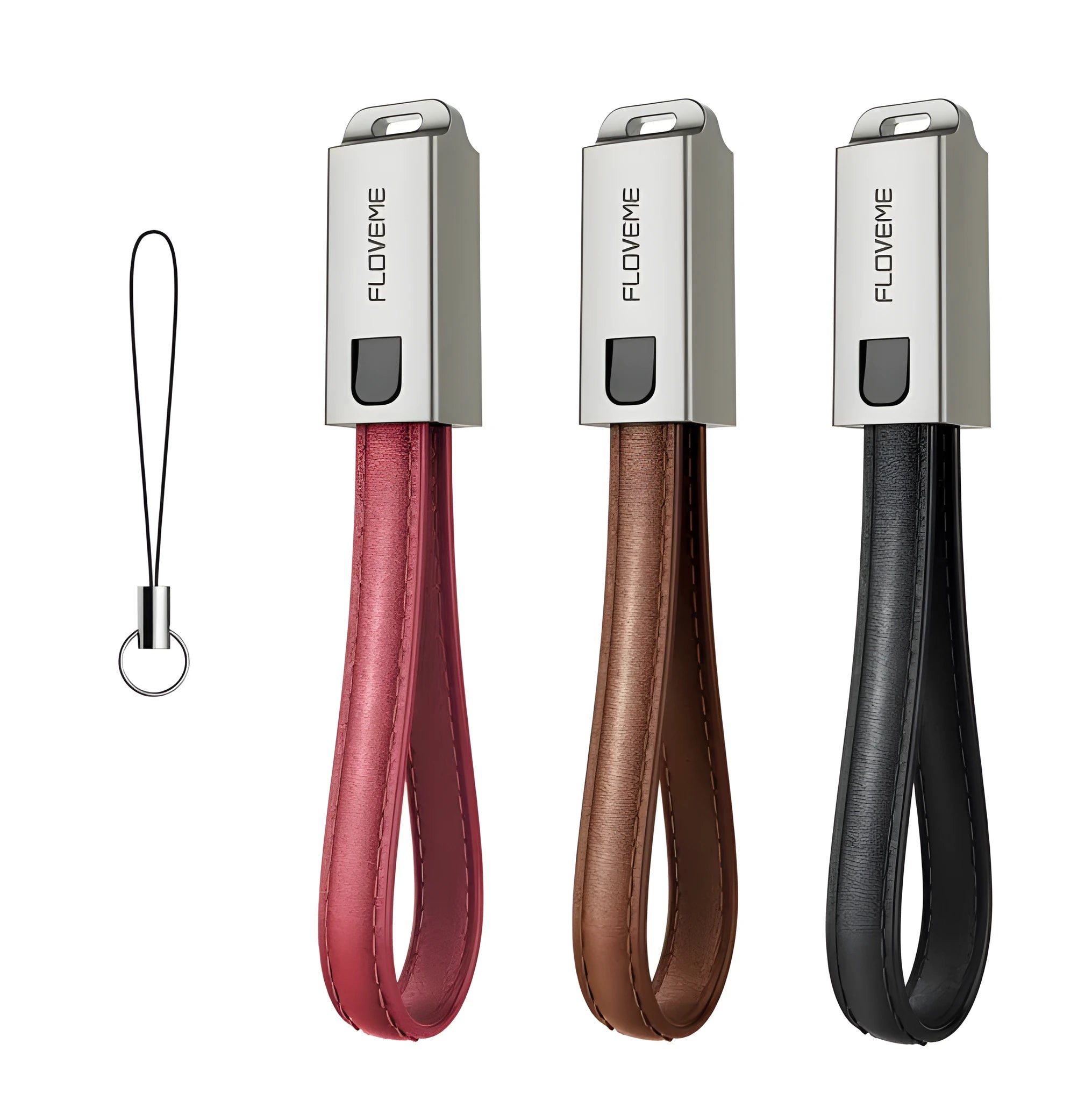 USB C to Apple Lightning leather braided charging cable in black brown red colours measuring 20cm
