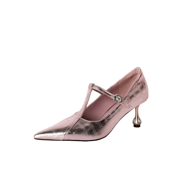 Genuine leather Mary Jane high heels with chunky heel in gun colour and pink options