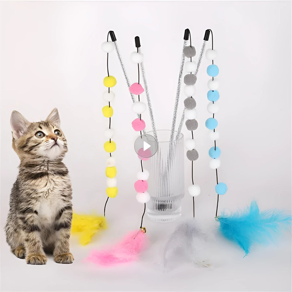 31cm long acrylic cat teaser toy rod with bell and pompon feather attachment in choice of colours