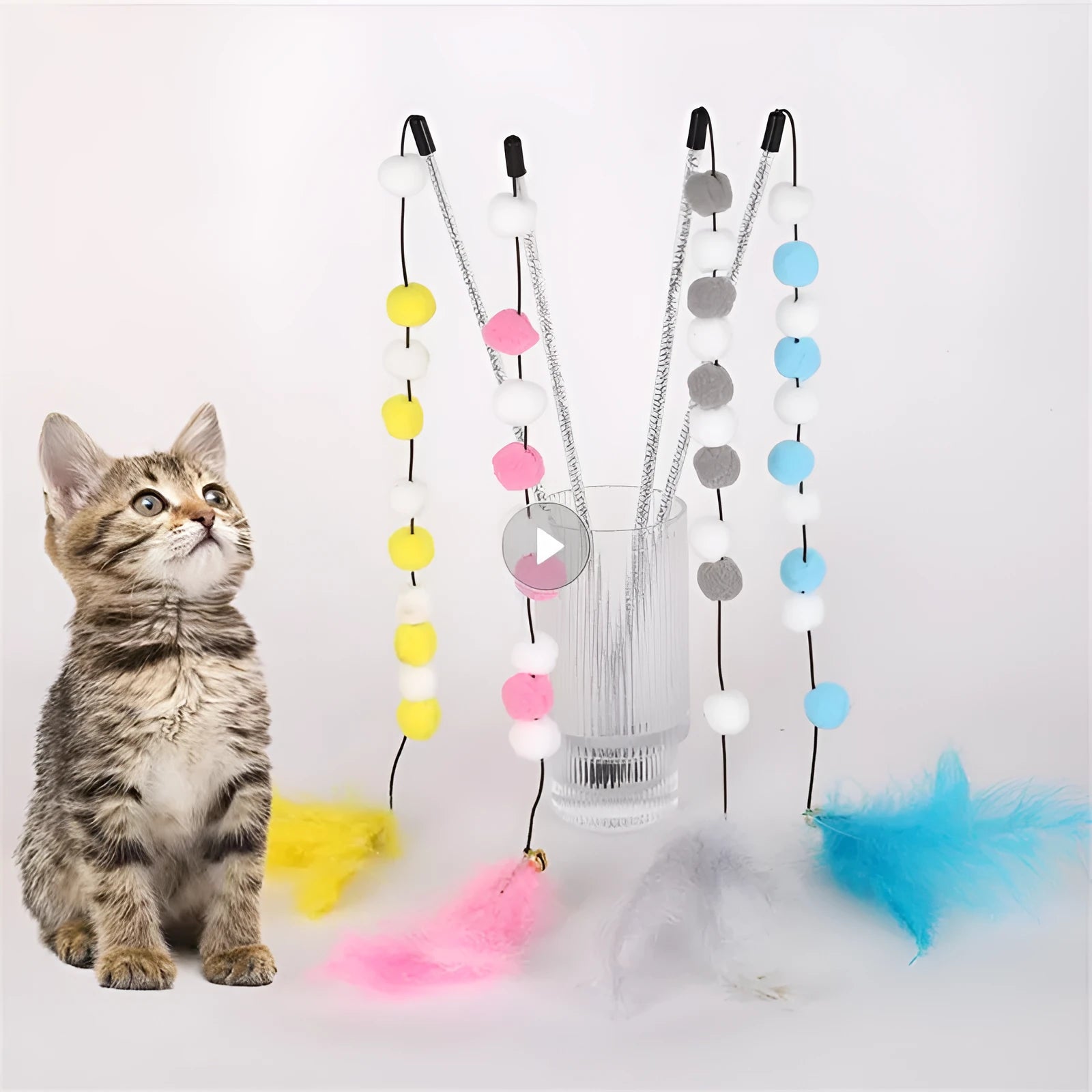 31cm long acrylic cat teaser toy rod with bell and pompon feather attachment in choice of colours