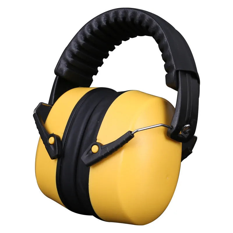 Orange head-mounted noise-cancelling headphones and protective earmuffs with an adjustable elastic headband