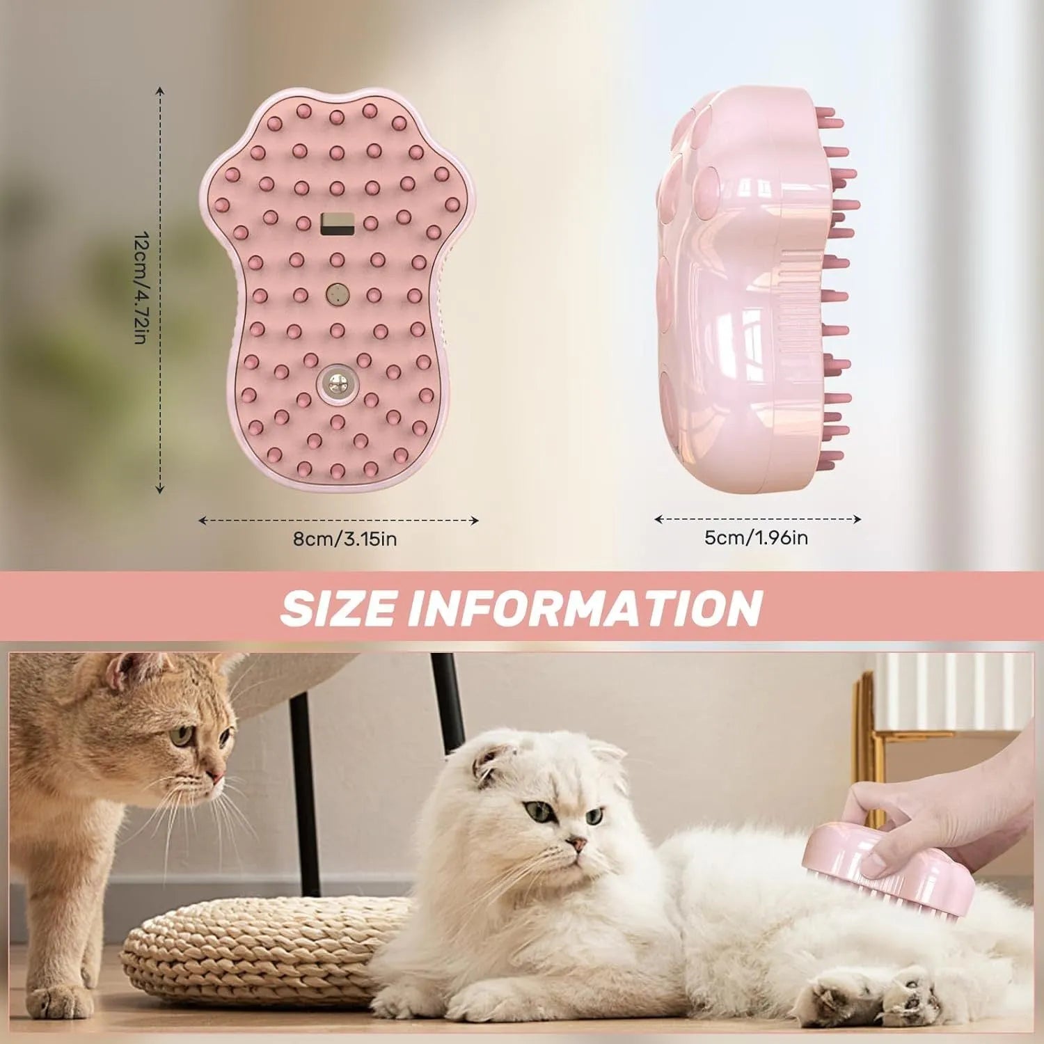 Blue self-cleaning cat steam brush with silicone bristles and a release button for pet grooming