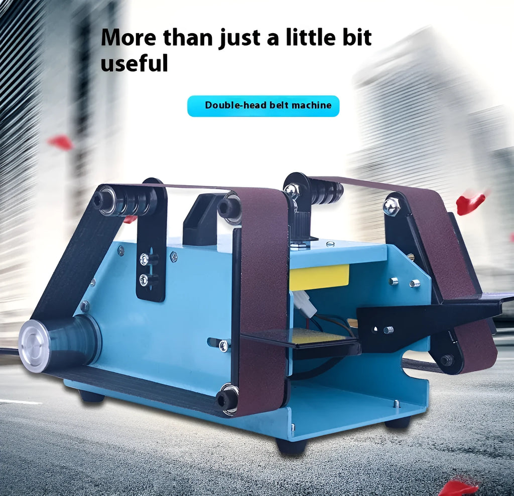 Blue desktop dual-axis belt sander with 750W motor and knife sharpener accessory on workbench