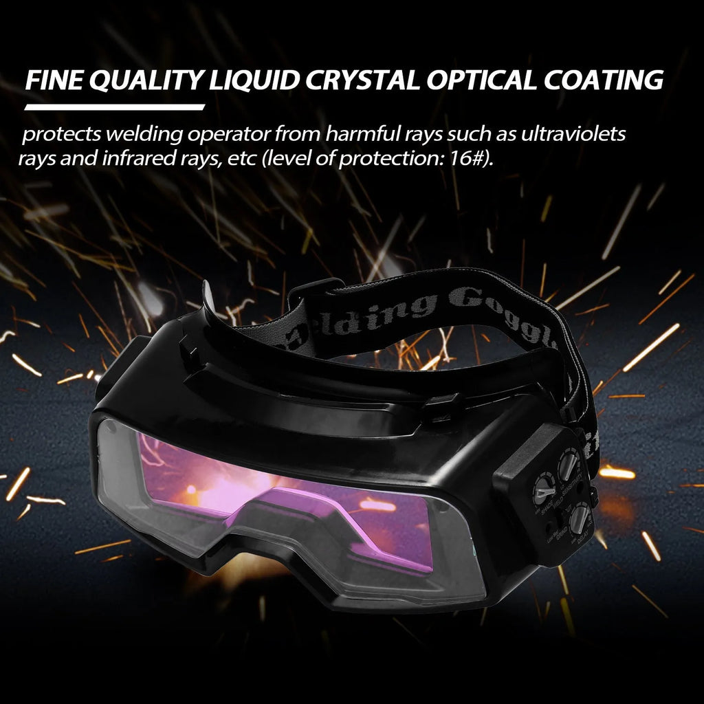 Black automatic darkening welding mask with large viewing lens and head strap.