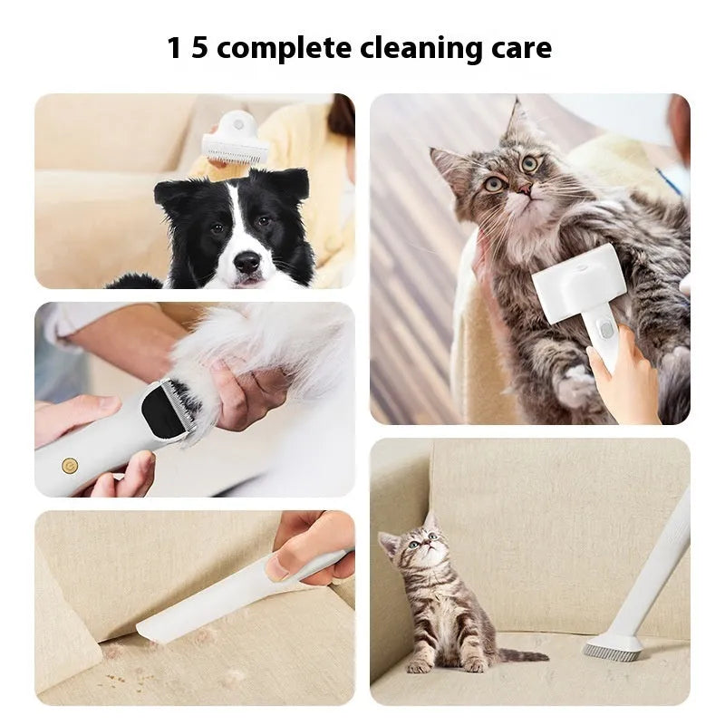 Pink and white multifunctional pet grooming vacuum cleaner with hose, shear, and comb attachments