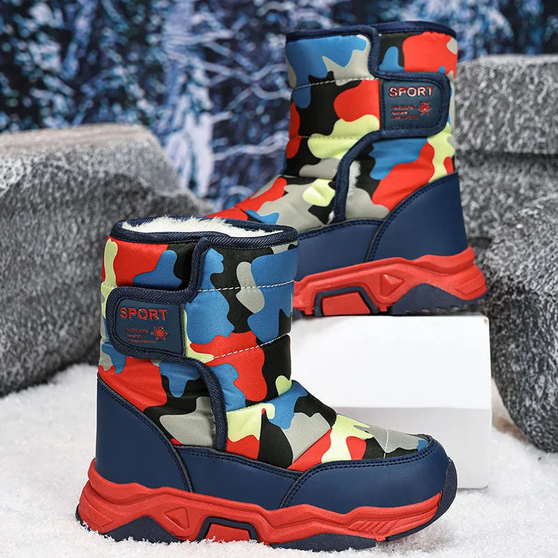 High-top camouflage unisex kids cotton shoes with hook and loop closure on a child