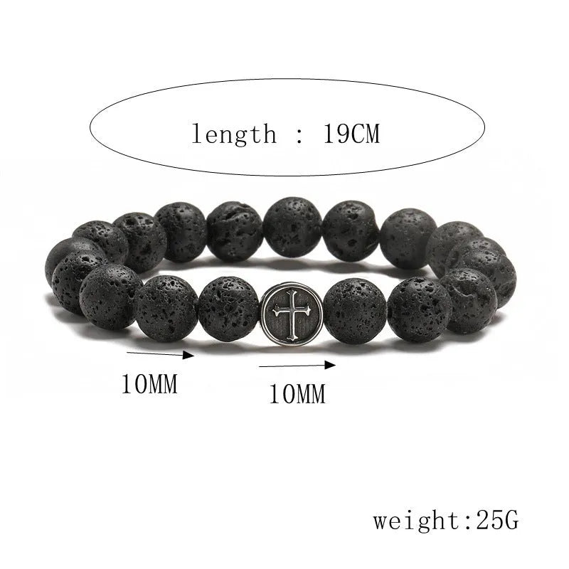 Geometric volcanic rock agate bracelet with stainless steel finish on a wrist.