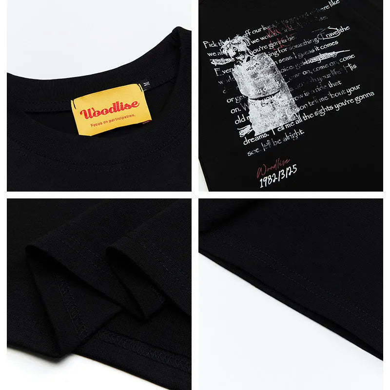 Men's black pure cotton t-shirt with white retro letter print and loose fit short sleeves