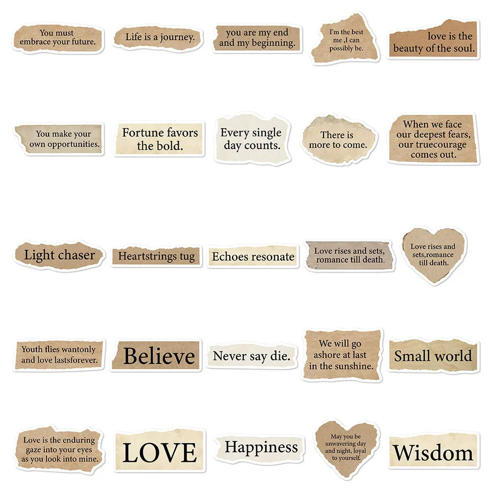 Pack of 25 torn English style PVC waterproof decorative stickers for laptops and notebooks measuring 4-7cm