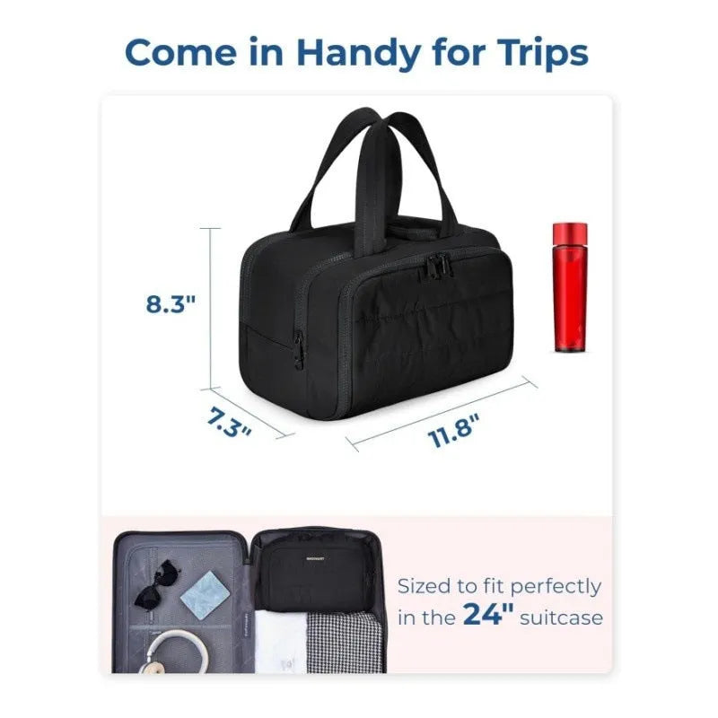 Lightweight large capacity travel toiletries bag open showing fluffy polyester interior in available colours