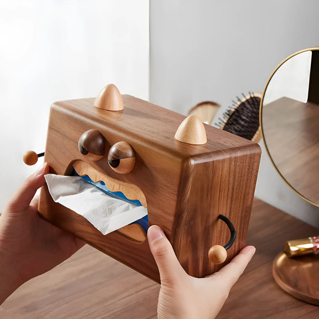 Wooden tissue box with cartoon monster design in walnut beech colour measuring 190x104x125mm