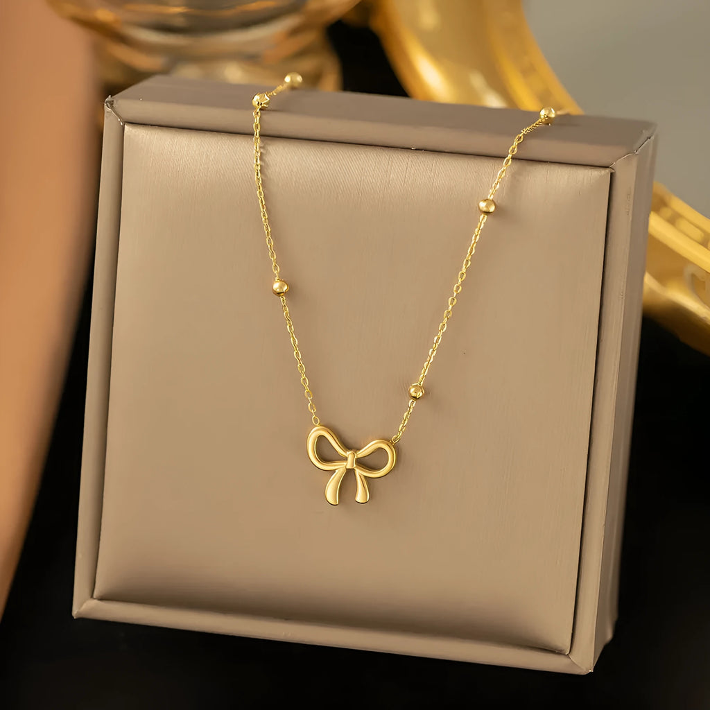 Gold bow necklace with cross chain design adjustable 41-50cm length titanium steel women's fashion jewellery