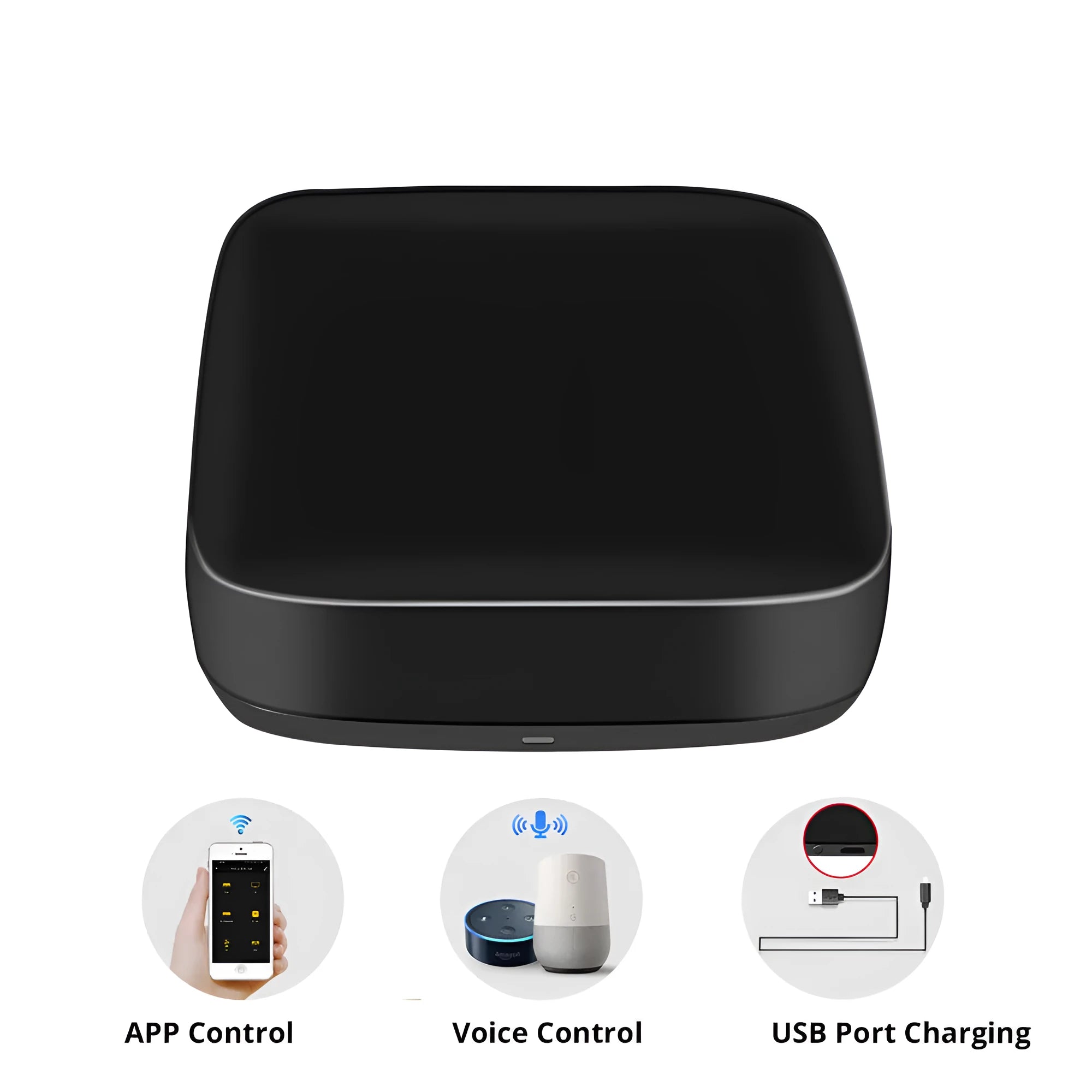 Black universal infrared remote control with voice control and WiFi connection.