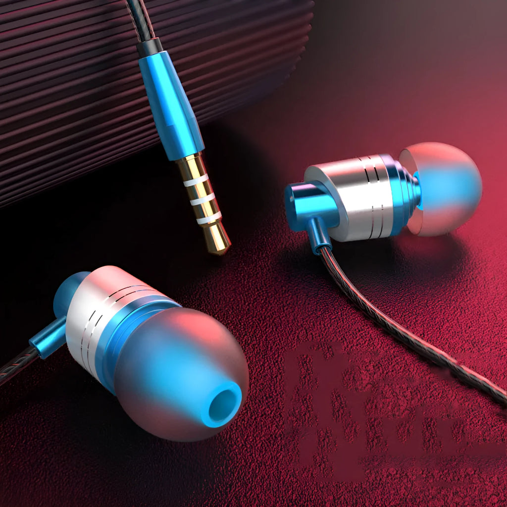 Black wired in-ear earphones with 3.5mm plug, inline microphone, and silicone eartips on a white background.
