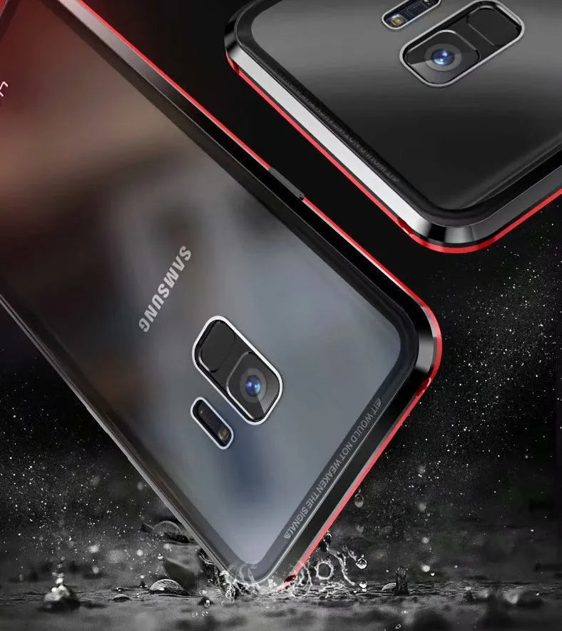 Anti-peeping magnetic phone case for Samsung with double-sided glass and metal frame in solid black colour