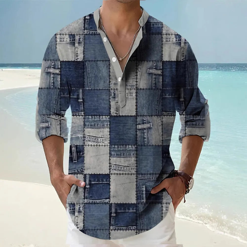 Thin casual Hawaiian shirt with digital bamboo linen stripes and long sleeves