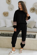 Black striped drop shoulder round neck pullover and matching jogger pants active outfit two-piece set