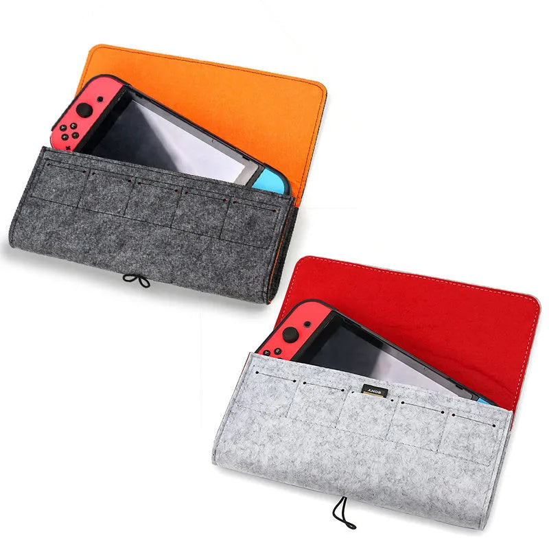 Black felt pouch for Nintendo Switch showing game card slots and double layer compartments