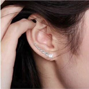 925 sterling silver ear-sticking ear hook studs with crystal inlay geometric shape 2.3cm length women's silver earrings