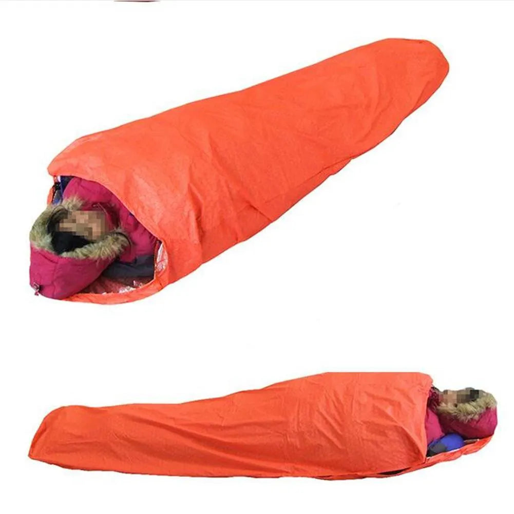 Orange outdoor camping heat reflection sleeping bag with silver coated nylon fabric for adults