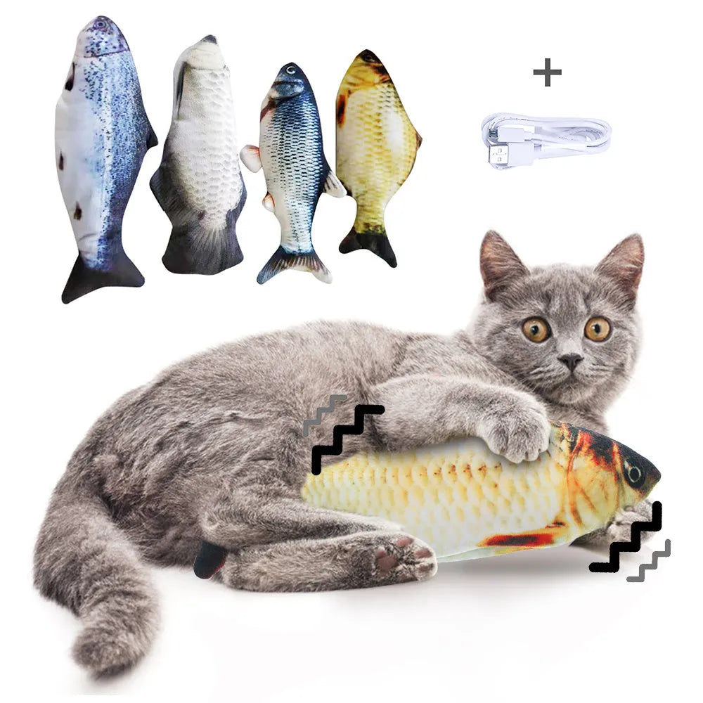 Multicolour 30cm long electronic jumping fish cat toy with USB cable.
