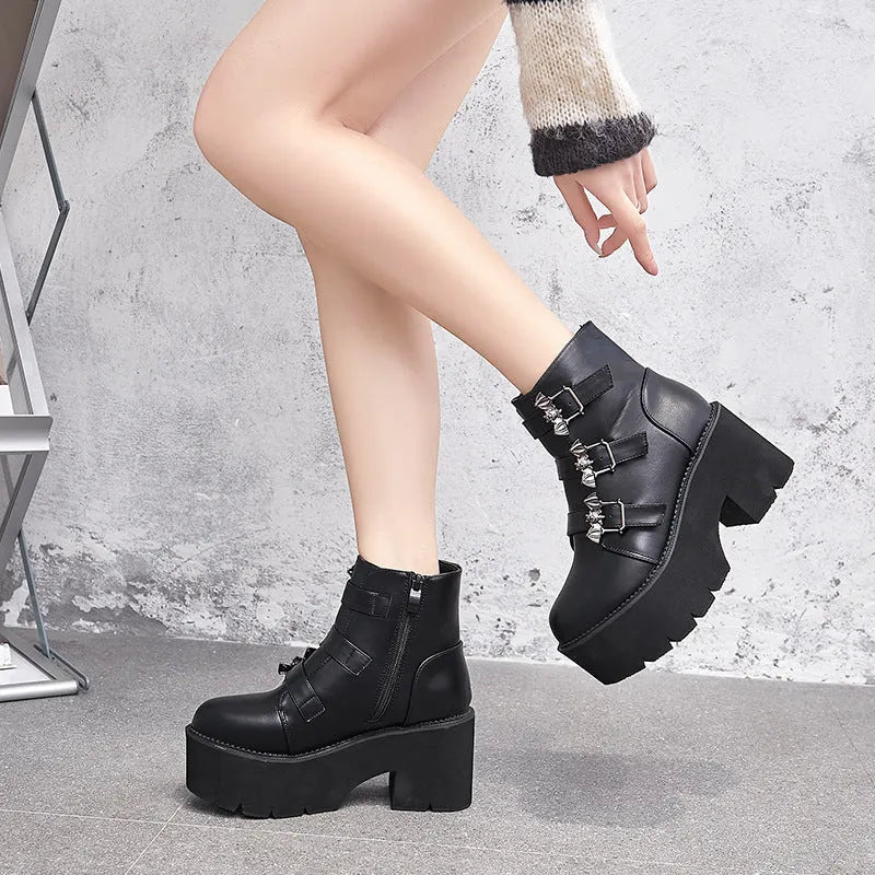 Black ladies punk gothic ankle boots with bat buckle decoration and chunky platform heel