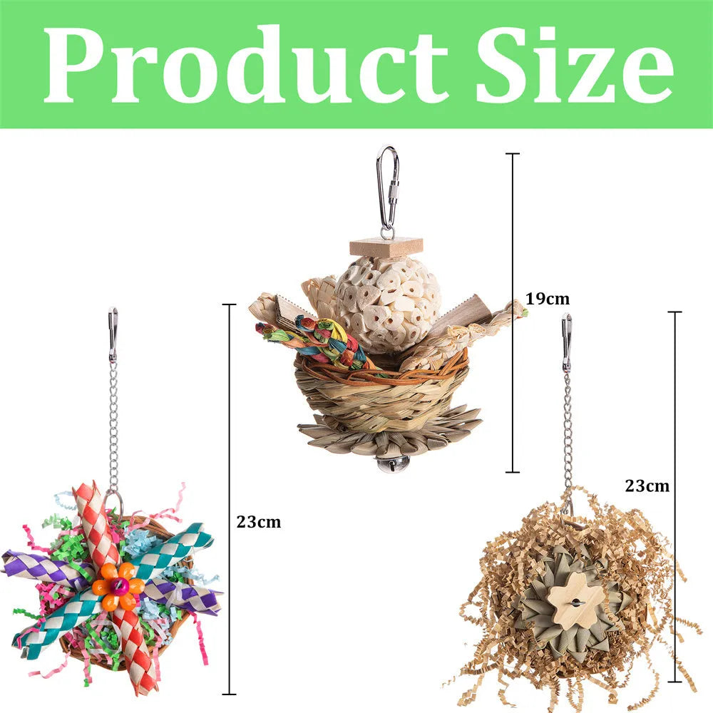 Natural wood parrot gnawing toy showing three chewing options for medium and large birds