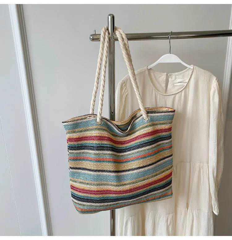 Blue woven nylon single-shoulder bag with straw-inspired texture pattern
