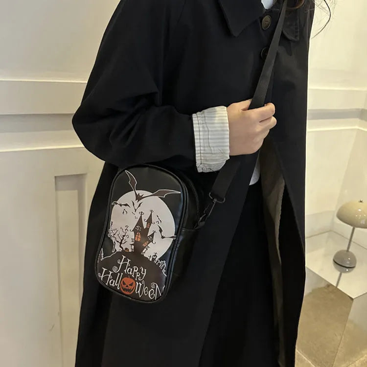 Halloween graffiti crossbody phone bag with pumpkin ghost bat print in medium size
