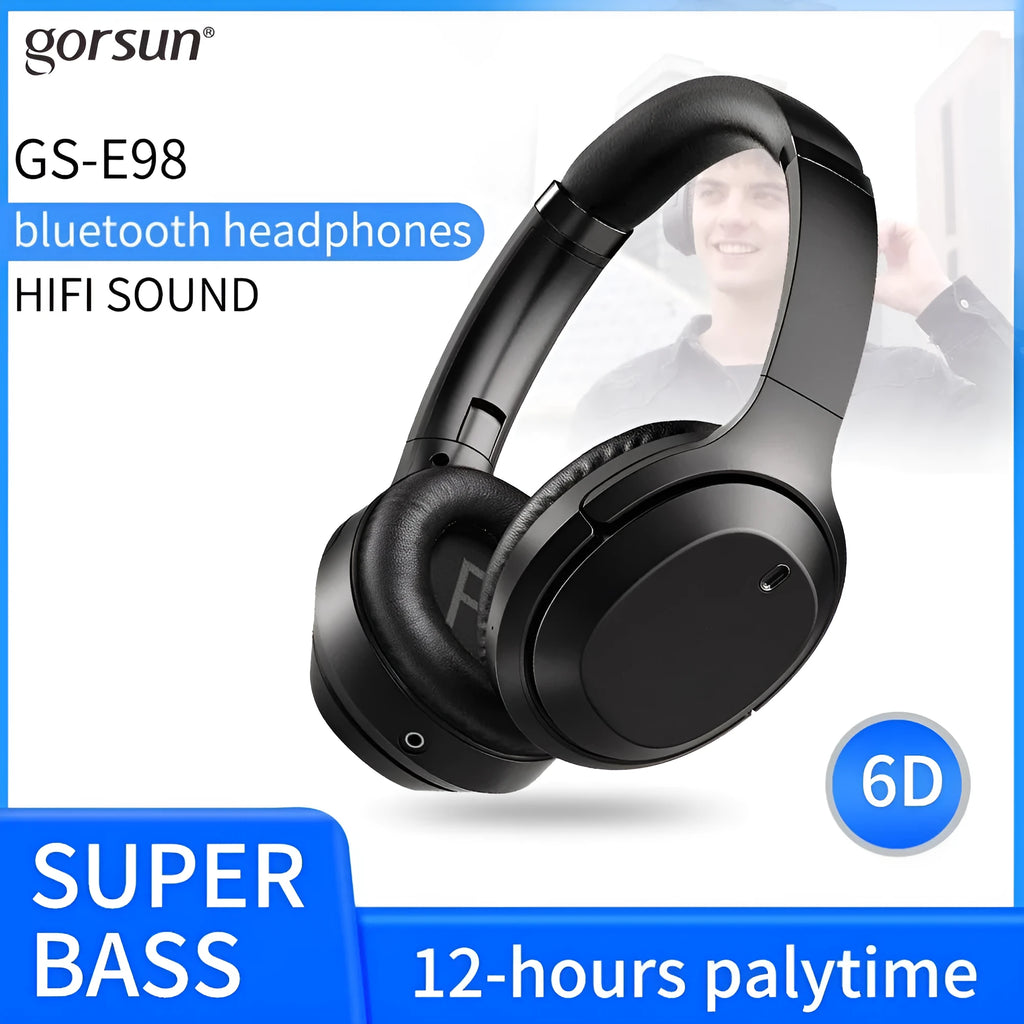 Black wireless Bluetooth headphones with memory-protein ear cushions and adjustable stainless steel headband