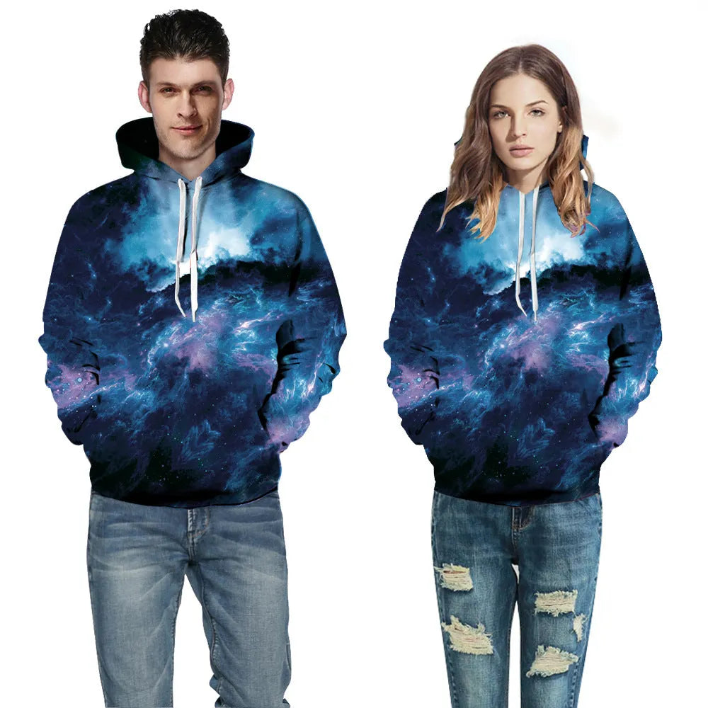 Deep blue galaxy hoodie polyester spandex unisex pullover top front view