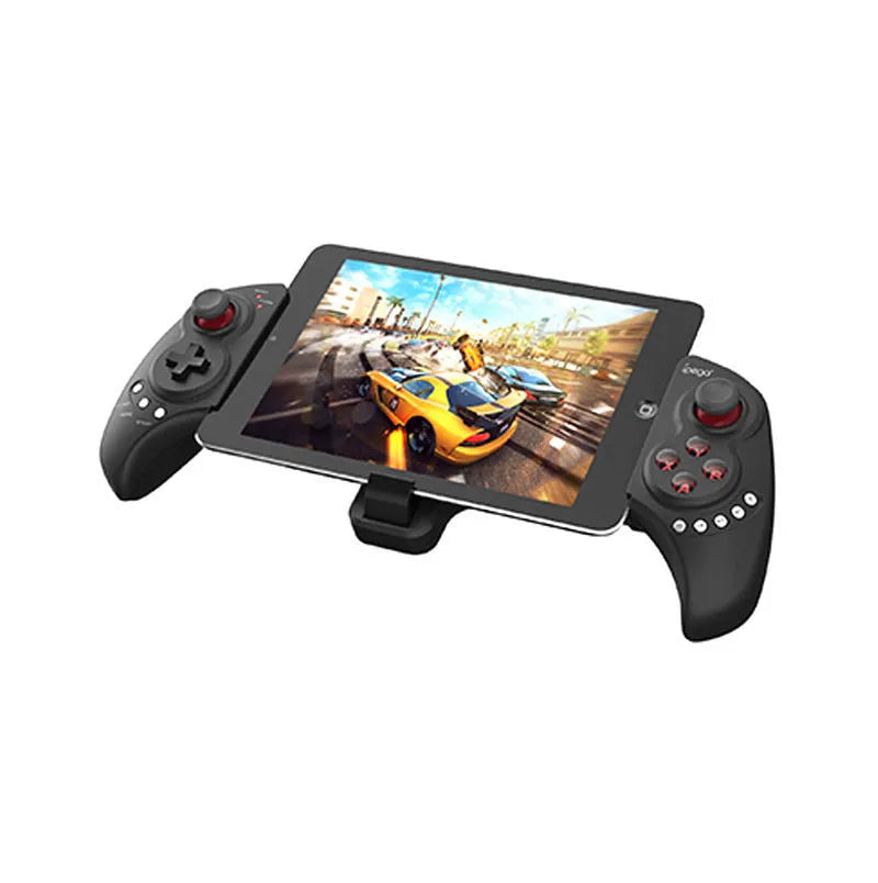 PG-9023 wireless telescopic game controller attached to a smartphone showing its size and button layout.