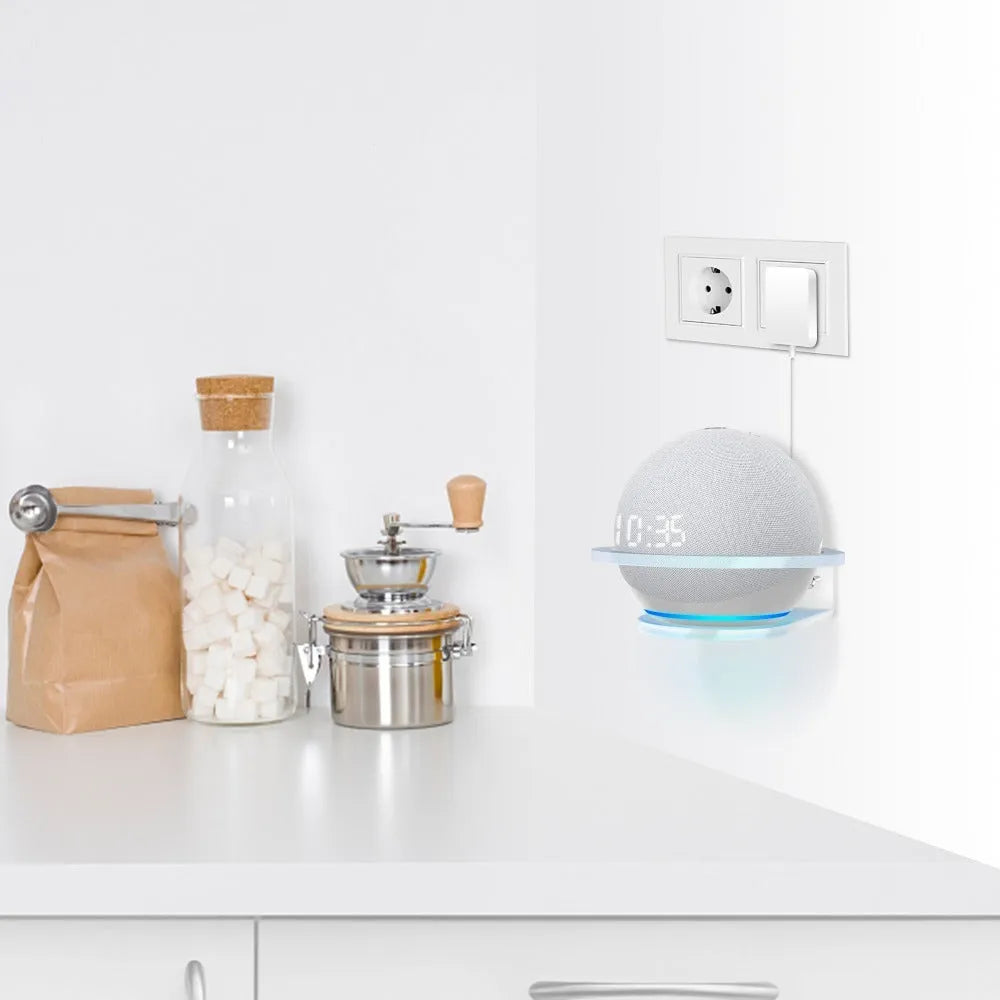 White plastic wall mounting bracket for Amazon Echo DOT 4 speaker.