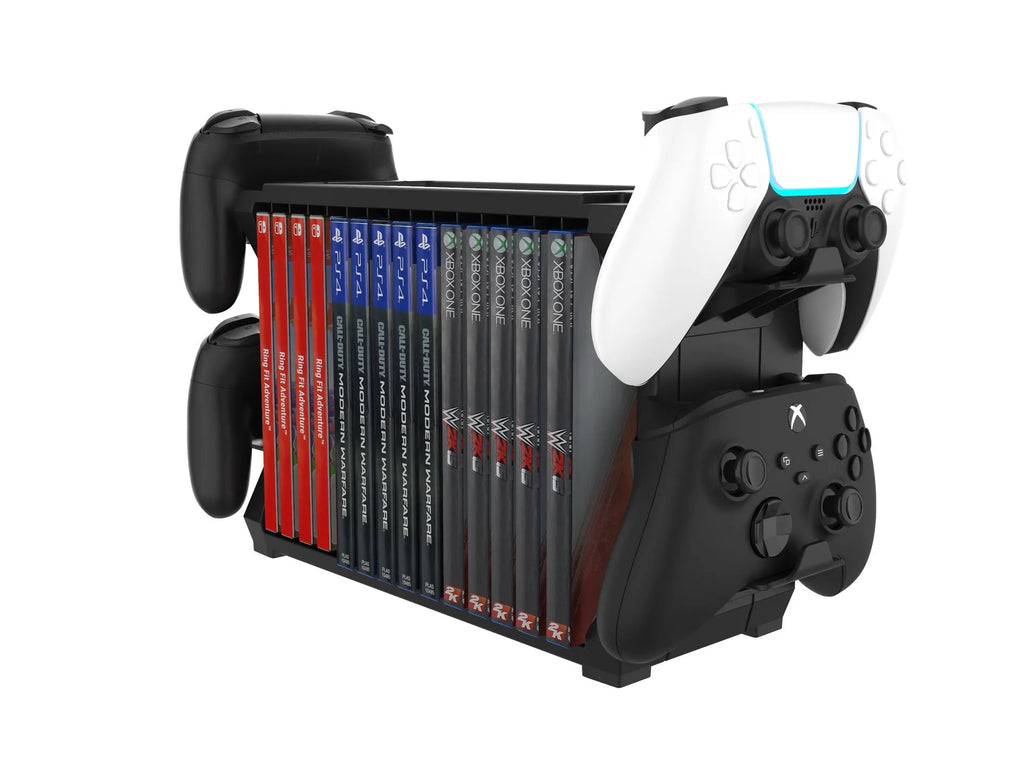 Black ABS plastic disc holder for PS5 and Xbox Series X games with storage for four controllers