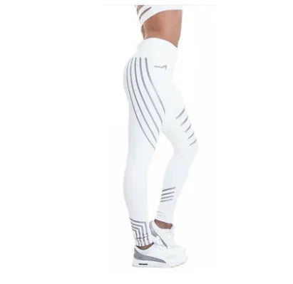 Women's black and white glowing print fitness leggings in milk silk fabric showing slim fit design