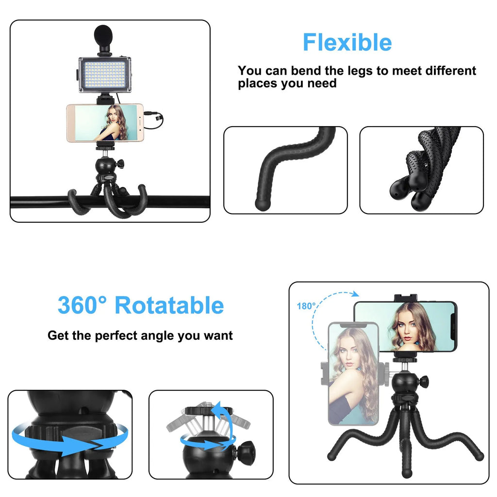 Black Octopus flexible tripod live broadcast kit with attached fill light and microphone on a table