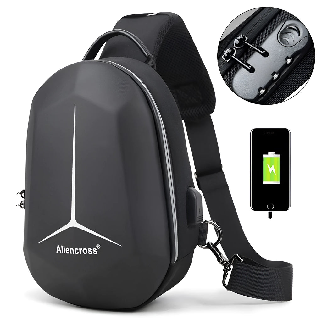 Waterproof Oxford cloth chest bag in black, shown with an iPad, phone, and water bottle to illustrate capacity.