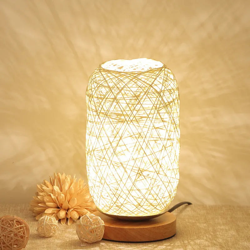 Sepak Takraw hemp rope desk lamp with solid wood base and USB-powered LED light