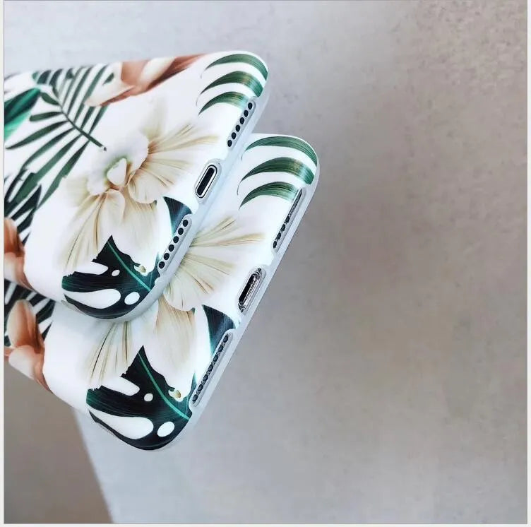 Compatible iPhone phone case with banana leaf floral design in TPU material for multiple iPhone models